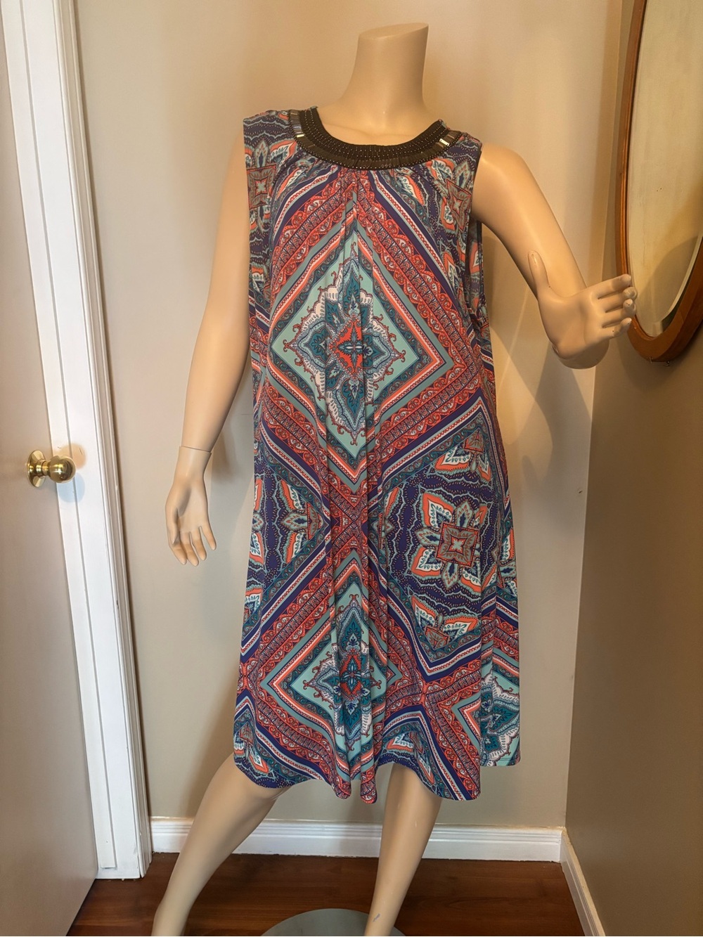 Dress Barn Sleeveless Midi Dress in Blue and Coral Pattern
